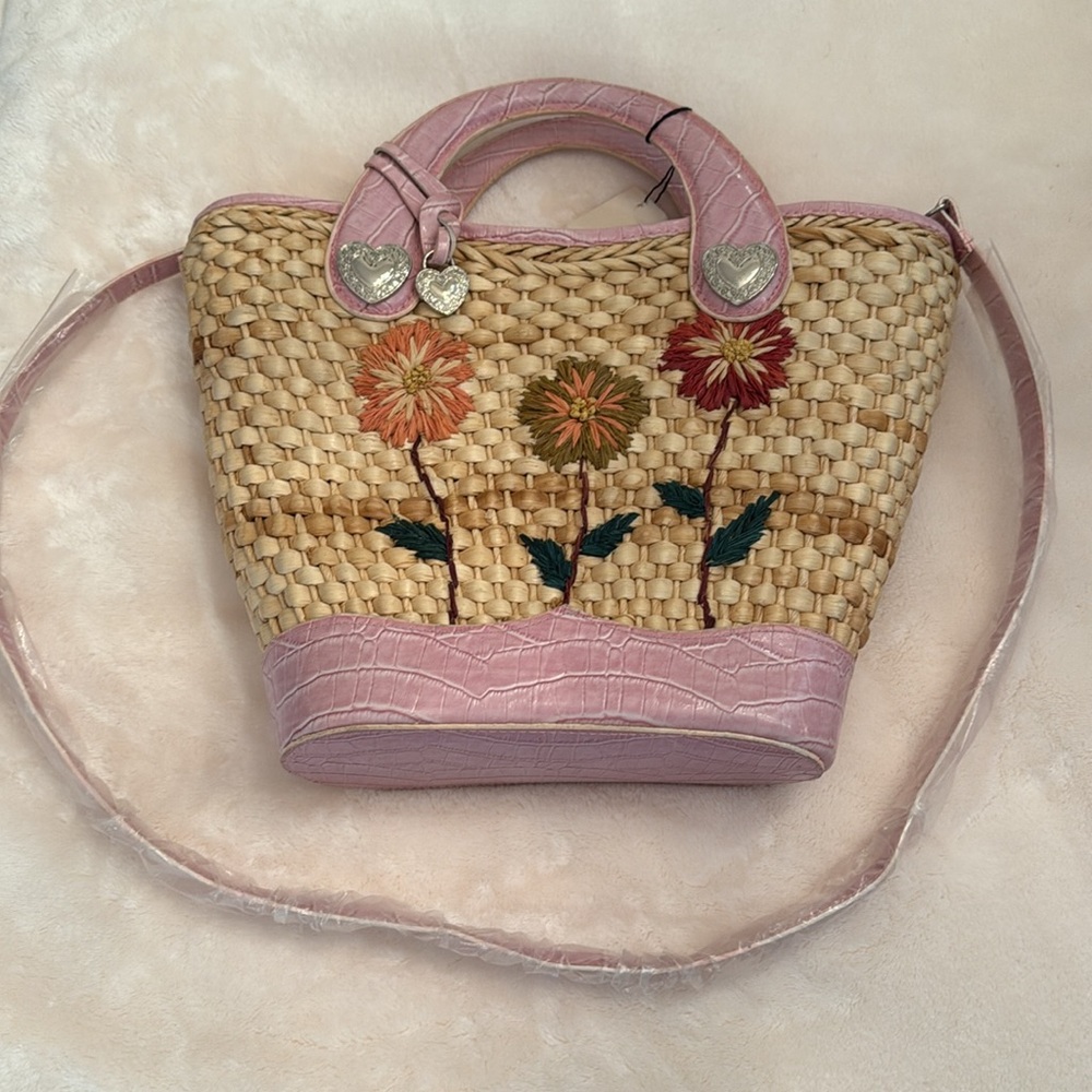 NWOT Pink and Tan Woven Floral Tote Bag/Crossbody